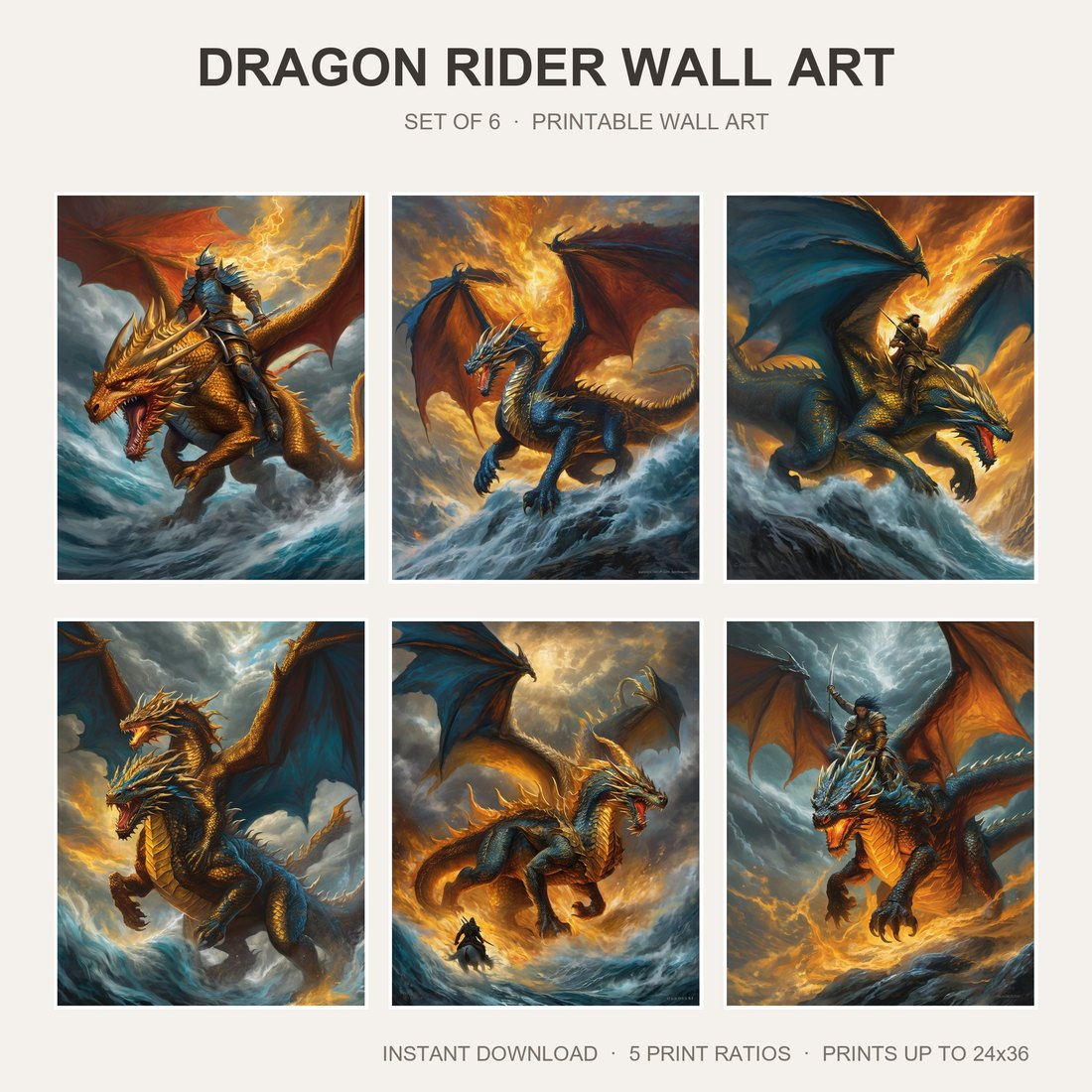 Dragon rider fantasy wall art set